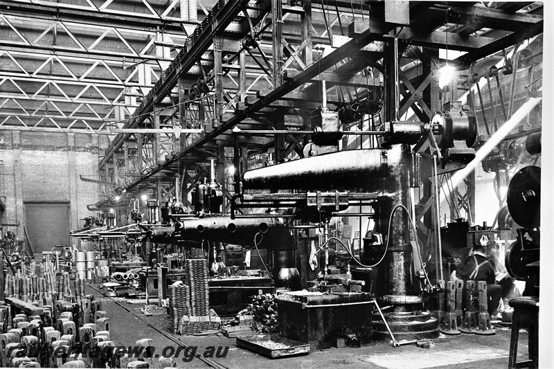 P21261
Radial Arm Drills, Machine Shop, Block 3,  Midland Workshops, ER line, view from floor level, c1937
