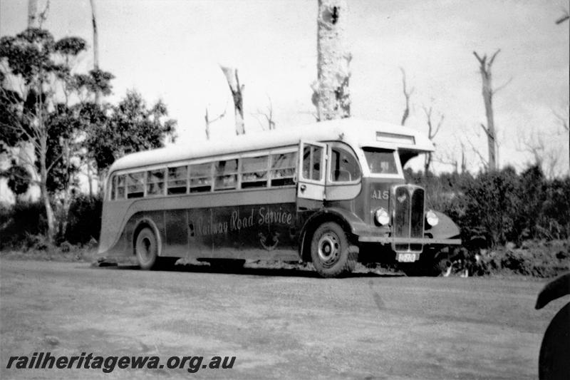P21474
Railway Road Service AEC half cab bus A15, side and front view, parked by roadside, location unknown
