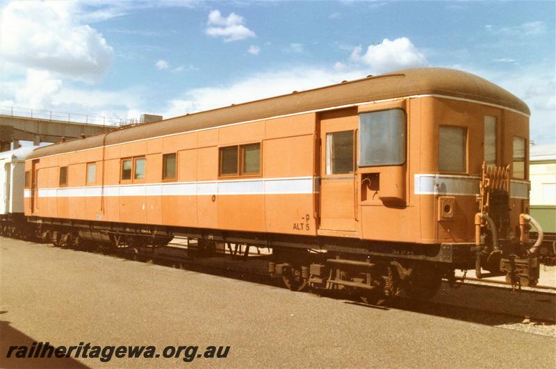 P21484
ALT class 5 Track Recorder Car, ex ASA class 445 Sentinel-Cammell steam railcar, Westrail orange livery, Forrestfield, side and ex non powered end view.

