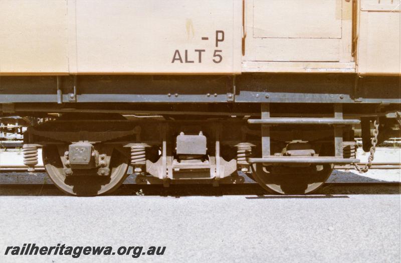 P21486
ALT class 5 Track Recorder Car, ex ASA class 445 Sentinel-Cammell steam railcar, Westrail orange livery, Forrestfield, ex non powered bogie, side view
