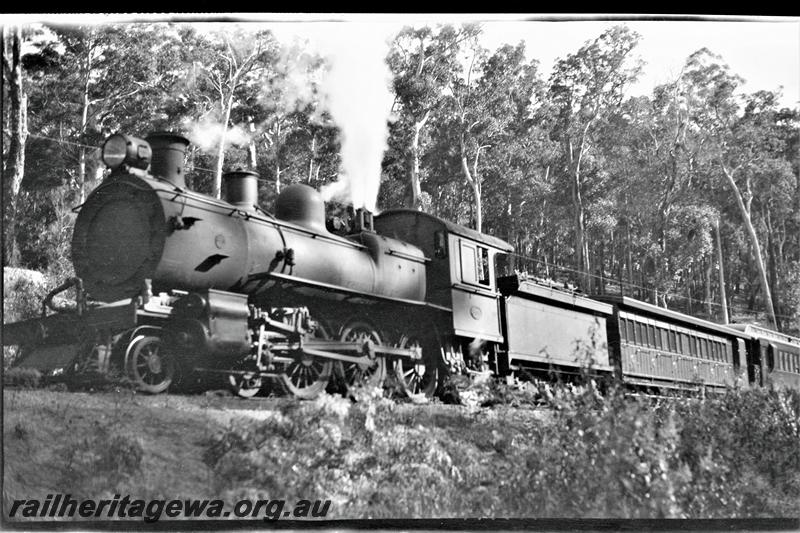 P21522
E class loco,  AD class carriage, AL class carriage on Commission's inspection train, forest setting, Donnybrook to Bridgetown section, PP line, front and side view . See also P21537
