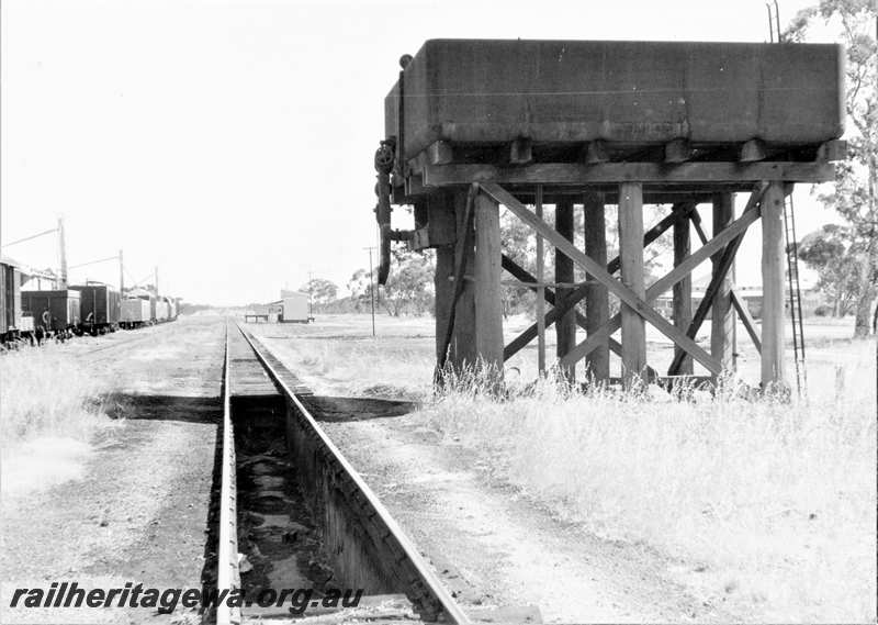 P21714
Water tower with a 13,000 gallon cast iron tank, engine pit, wagons, sidings, trackside building, loading platform, Muntadgin, NKM line, view along tracks
