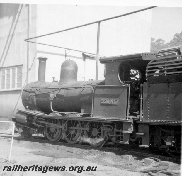 P21825
State Saw Mill G class No 7, shed, Pemberton, PP line, side view
