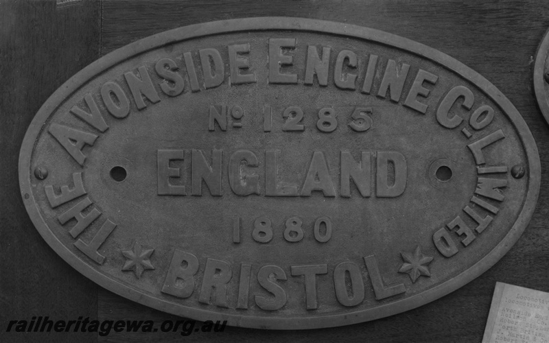 P22510
I Class 25 builders plate, Avonside Engine Co., 1880, originally New Zealand Railways S Class 216. Plate on display at the Rail Transport Museum, Bassendean.
