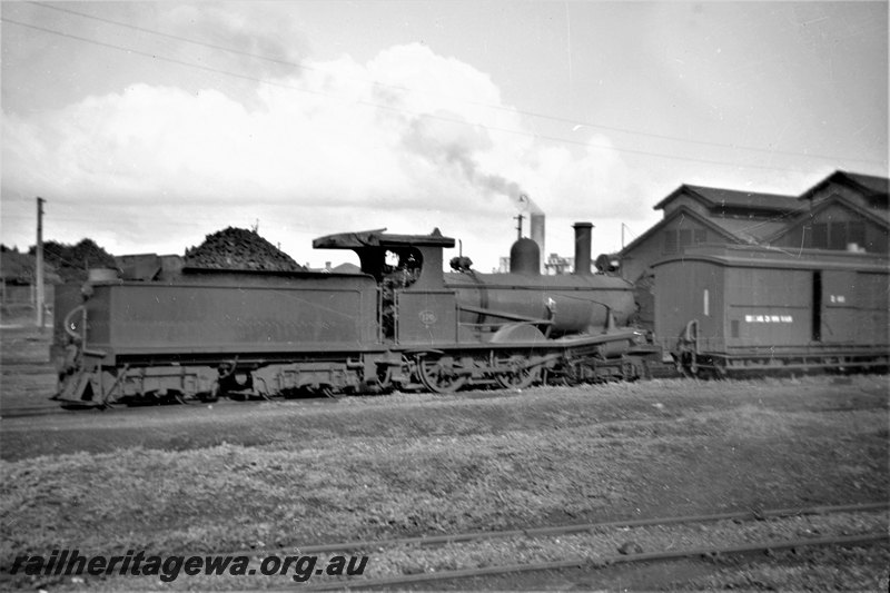 P22881
T class 170 with bogie tender, B class van with clerestory, sheds, East Perth loco depot, ER line, rear and side view 
