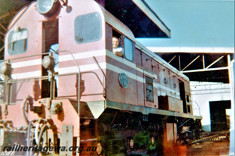 P23038
F class 46 in Midland Railway Co livery, driver in cab, shed, Midland, ER line, rear and side view
