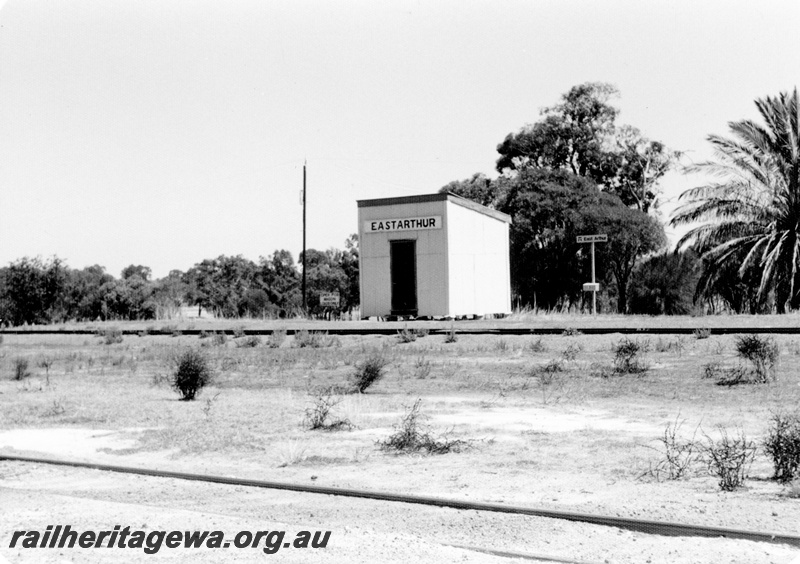 P23071
Out of Shed with nameboard, Westrail station nameboard, track, East Arthur, WB line, trackside  and side view
