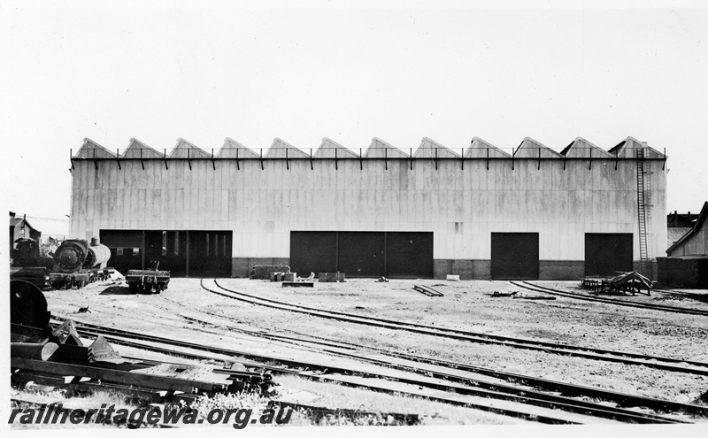 P23112
Shell Machining Annex building, Midland Workshops, ER line, completed, end view, Shell turning operations commenced on the 10th of November, 1941
