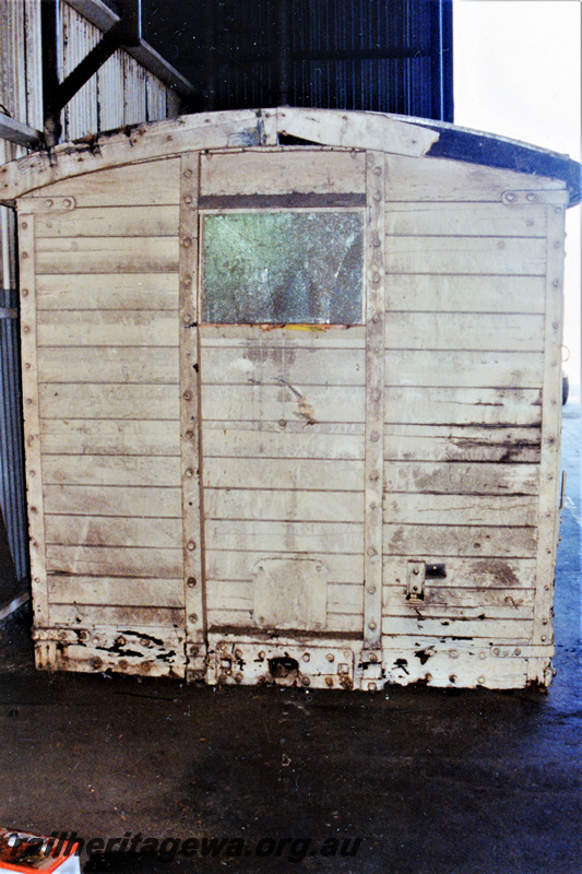P23153
Midland Railway Co of Western Australia (MRWA) BM class 811 van body (no wheels), at WesTrac South Guildford, end view
