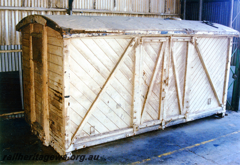 P23154
Midland Railway Co of Western Australia (MRWA) BM class 811 van body. (no wheels), at WesTrac South Guildford, end and side view
