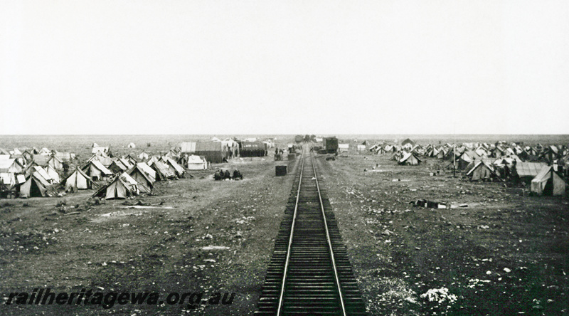 P23612
Camp along the track, tents, straight single track, TAR line, view along track
