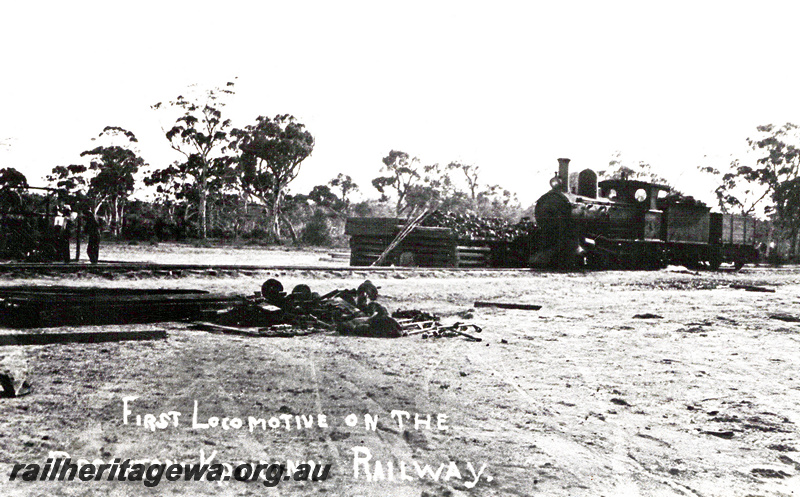P23613
G class loco, first loco on the Brookton -Kunjinn Railway, BC line, front and side view from trackside 

