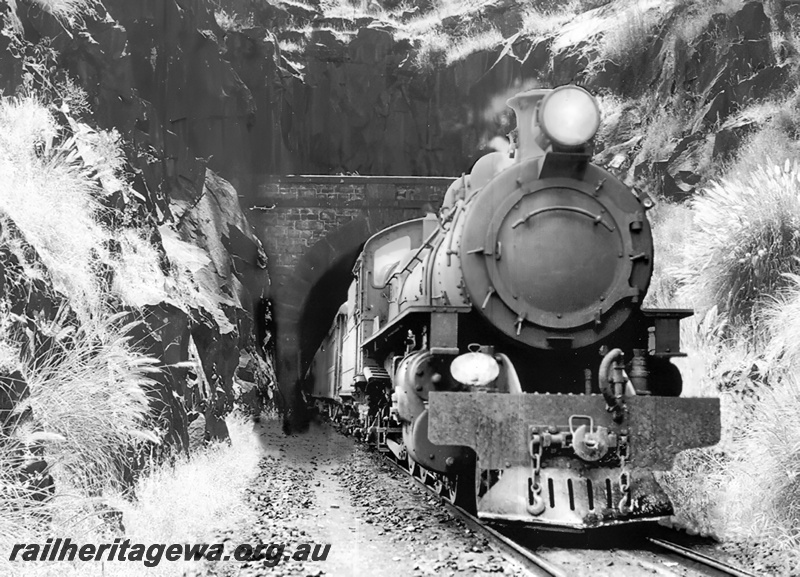 P23626
P class steam loco on passenger train, emerging from Swan View tunnel, Swan View, ER line, side and front view from trackside

