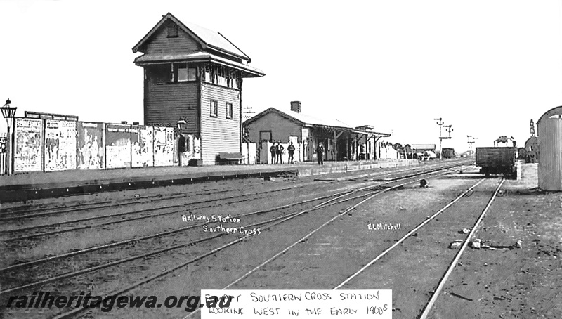 P23633
Station building, platform, tracks, signal box, bracket signals, passengers. Wagon, sidings, Southern Cross station, EGR line, trackside view looking west, c1900s
