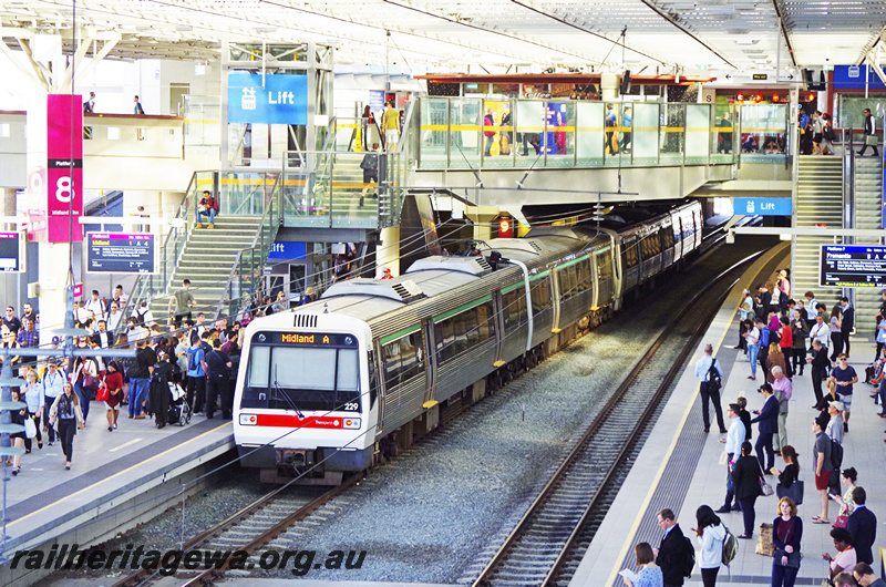 P23656
AEA class 229, AEB class trailer 329, comprising EMU set 29, another AE class EMU set, platforms, stairs, overhead walkway, passengers, Perth station, end and side view
