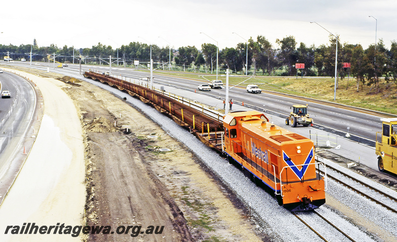 P23659
A class 1506, on rail construction train, Warwick, Joondalup line, side and front view
