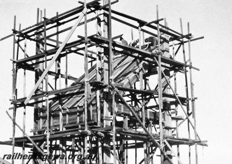P23661
Coal stage under construction, 1 of 4, scaffolding, workers, Caron, EM line, view of part of structure  from ground level
