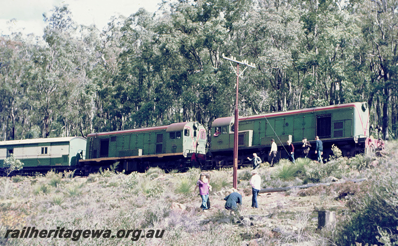 P23674
MRWA F classes 45 and 44 double heading ARHS tour train to Dwellingup, tourists at trackside, PN line, side and front view
