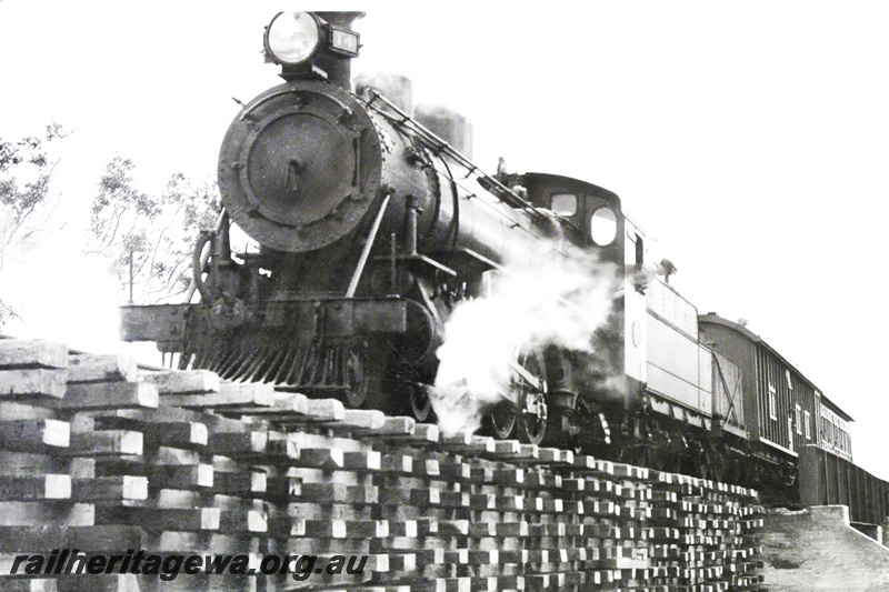 P23677
MRWA locomotive  C class 14 on breakdown train, on pigsty adjacent to cast iron through truss bridge over the  Irwin River,  MR line, front and side view
