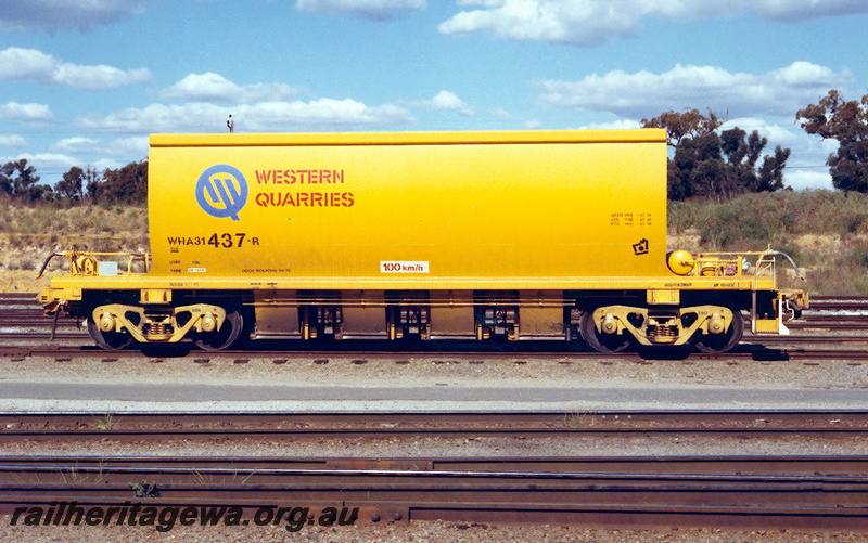P23704
WHA class 31437 blue metal hopper wagon built for Western Quarries, in 1998 purchased by Westrail - side view
