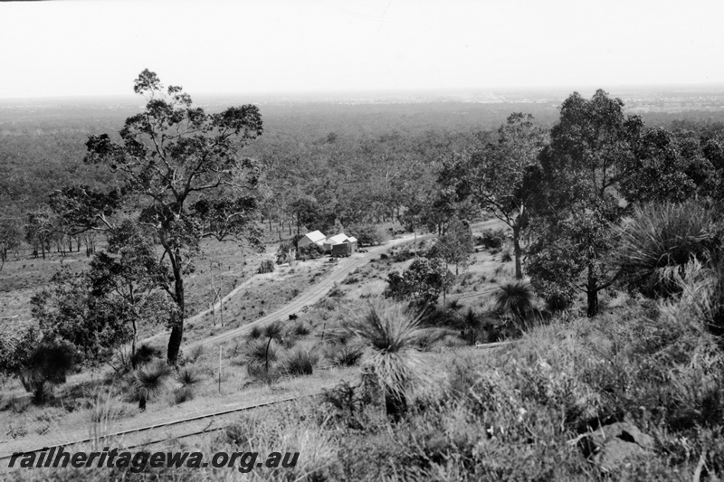 P23785
Elevated view showing a leg on the Zig Zag, and the line leading to Statham's Quarry UDRR line, buildings trackside on the  Sratham's Quarry line.lower leg
