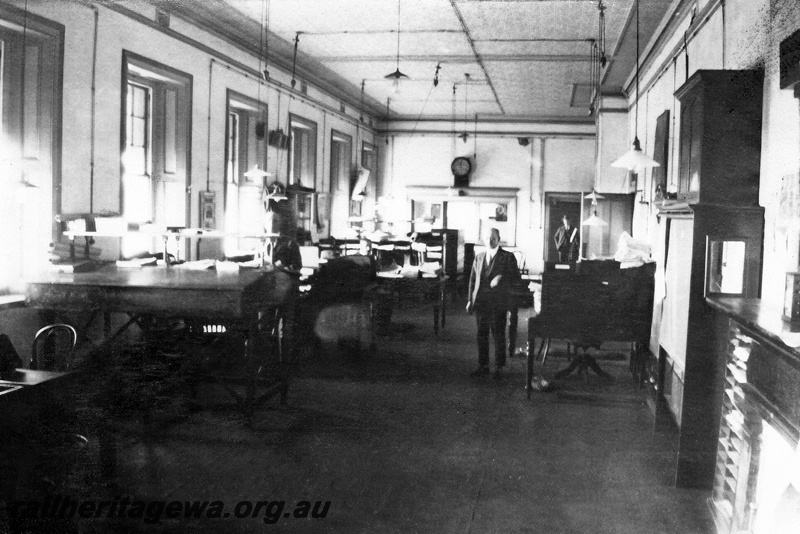 P23796
Drawing Office, Midland Workshops, view along the room, an official standing in the aisle
