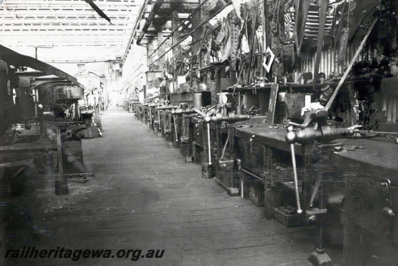 P23799
Work benches, Fittting Shop, Block 3, Midland Workshops, view along the row of benches
