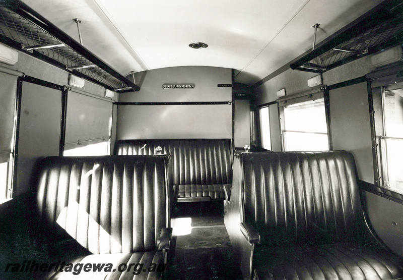 P23832
Interior view, ADE class railcar, non-smoking compartment, seats, windows, blinds, luggage racks, Midland workshops, Midland, ER line
