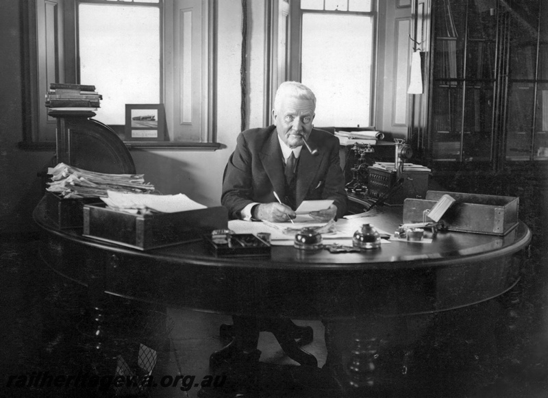 P23841
Chief Mechanical Engineer Mr J. Broadfoot, at desk in office, Midland, ER line, interior view

