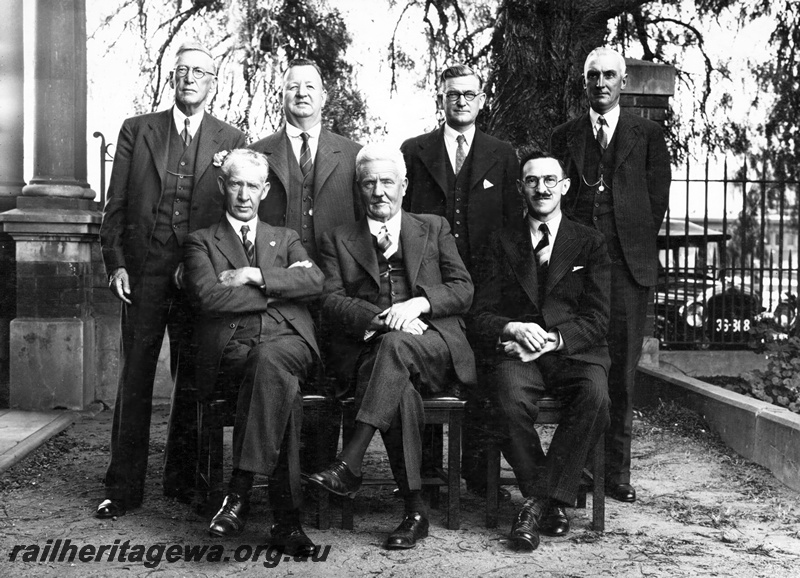 P23842
Group photo of Chief Mechanical Engineer and Sub-Heads, including Mr J. Broadfoot (front row, middle) and Mr F. Mills (front row right hand end), Midland, ER line, ground level view
