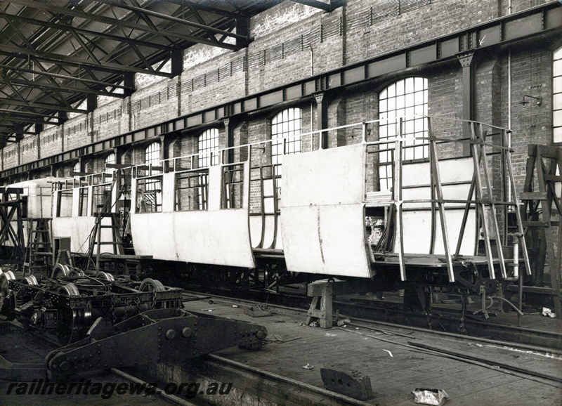 P23844
ADT class trailer under construction, second trailer, bogie, wheels,   Midland workshops, Midland, ER line, interior view
