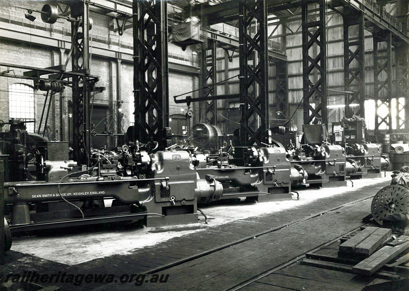 P23846
Battery of four new Dean Smith & Grace Ltd, Keighley, England lathes, other machinery, Machine Shop, Midland workshops, Midland, ER line, interior ground level view
