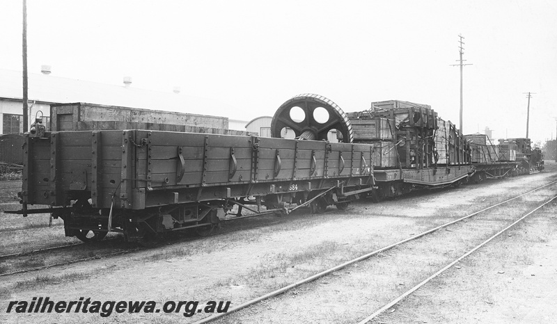 P23847
RB class 684 wagon, with lamp, no vacuum pipe, and all door sides, QAS class 9370 girder wagon, track, Midland, ER line, end and side view. See P23818
