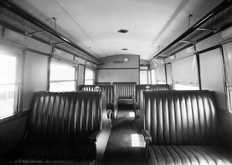 P23848
ADE class railcar, Smoking compartment, seats, windows, blinds, luggage racks, Midland workshops, Midland, ER line, interior view
