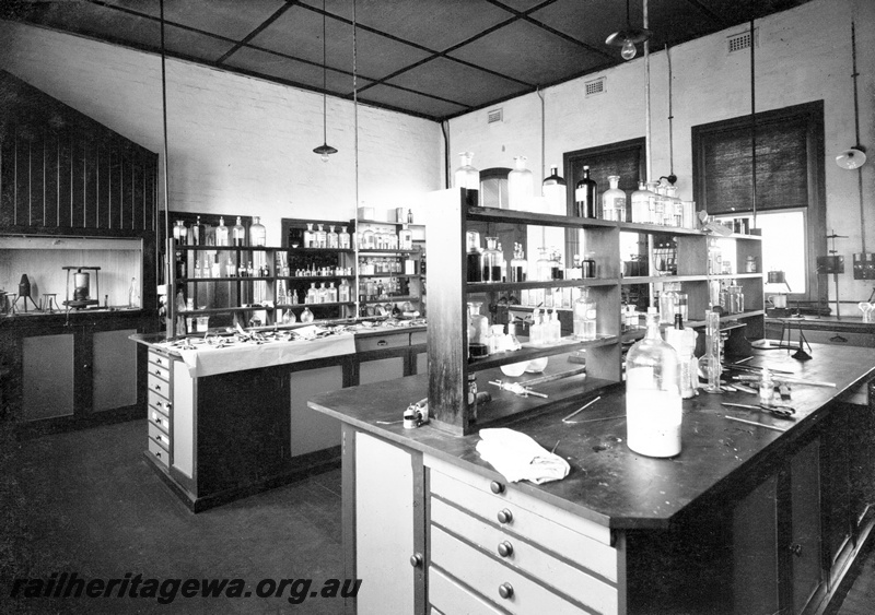 P23849
Laboratory, benches, bottles, shelves, Midland workshops, Midland, ER line, interior view
