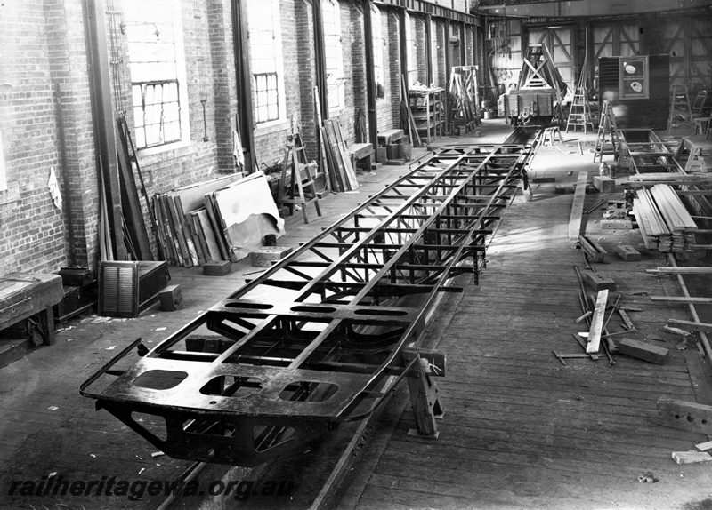P23851
Underframe of ADT class trailer, electric weld construction, Midland workshops, Midland, ER line, interior view
