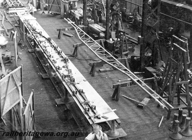 P23854
Underframe jig for electric welding, ADF class trailer construction, Midland workshops, Midland, ER line, interior elevated view
