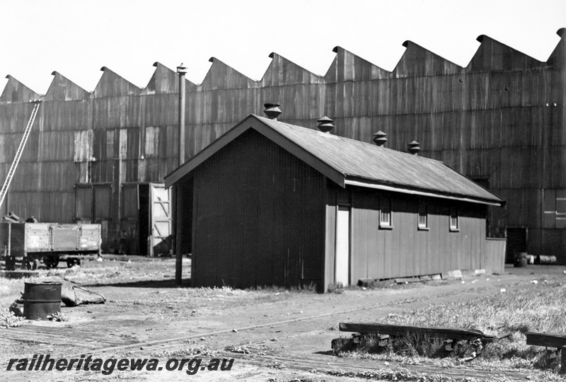 P23863
Lavatory, wagon, Shell Annexe building, site extensions, Midland workshops, Midland, ER line, ground level view
