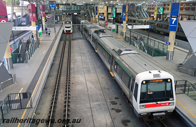 P23869
AEA class 241, AEB class 341, EMU set 41, other A series EMU sets, at platform 7, another B series EMU set at platform 8, Perth station, ER line, side and end view from elevated position
