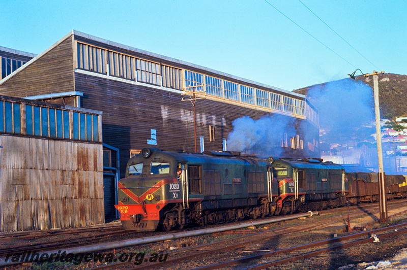 P23877
XB class 1020, XB class 1008, double heading goods train, trackside buildings, light pole, Albany, GSR line, front and side view from trackside
