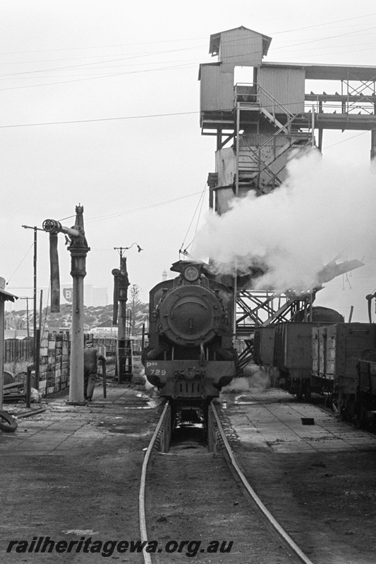 P23890
PMR class 729, pit, wagons, water cranes, coal stage, Bunbury SWR line, front view from track level
