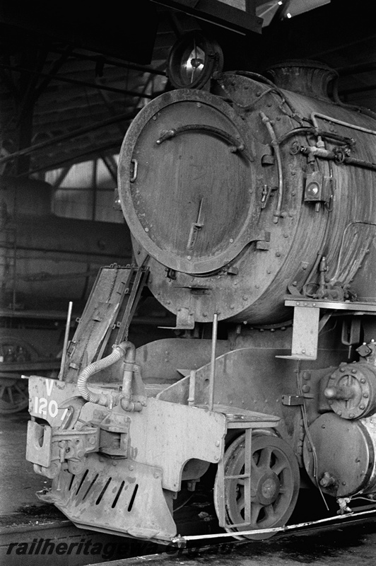 P23903
V class 1207, with smoke box door ajar, inside loco shed, Bunbury, SWR line, front portion only shown
