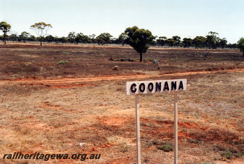 P23906
Station nameboard, Coonana, TAR line, view of the site  taken from the train
