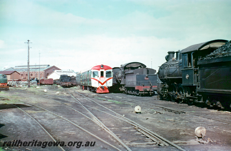 P23915
ADH class country railcar, green livery with a red cowcatcher and a white front with a red chevron, FS class 411 on the adjacent track, cheeseknobs, west end of the Midland Workshops, ER line, 
