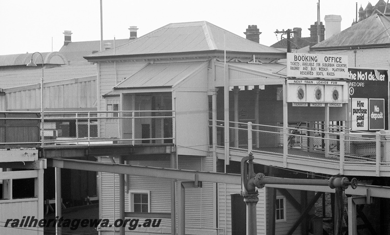 P23952
Booking office, pedestrian footbridges, station building, water crane, Perth station, ER line, elevated view
