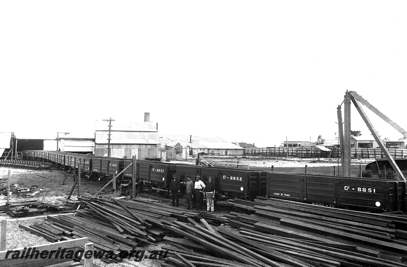 P23981
Newly built GC class 8851 heading a line of GC class wagons at the site of Collins and Co., Maylands Rolling Stock Works, view along the line of wagons
