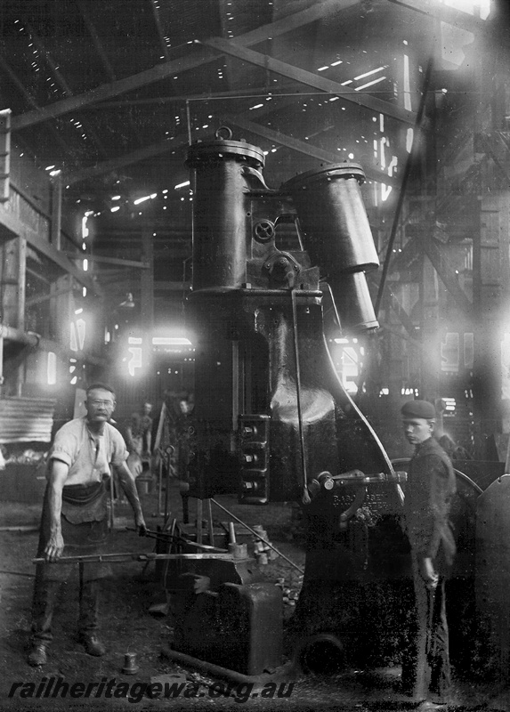 P23983
Blacksmith Shop,  Collins and Co., Maylands Rolling Stock Works, workmen operating the steam hammer
