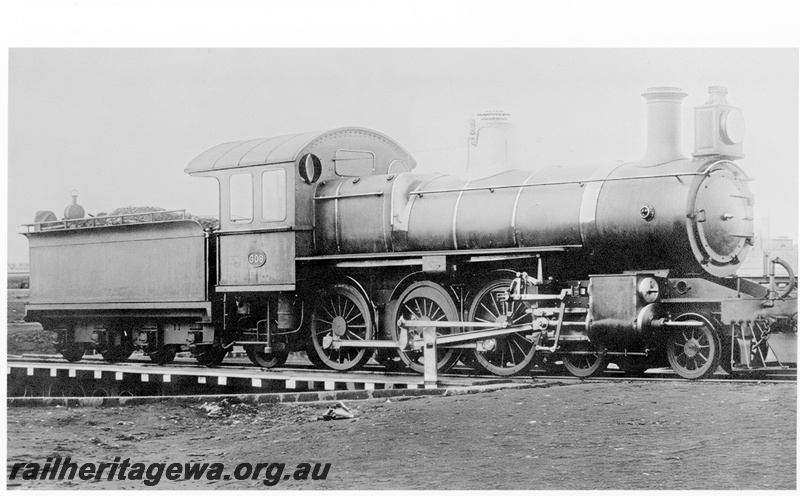 P23997
E class 309, leaving turntable, oil headlight, bar cowcatcher, no sand dome fitted, side and front view
