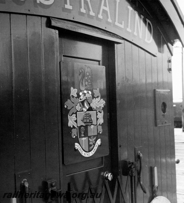 P24037
Crest on the rear door of the guard's van on the 