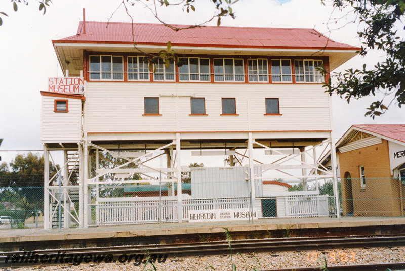 P24044
Signal box, platform, railway station museum, Merredin, EGR line, view from ground level across the tracks
